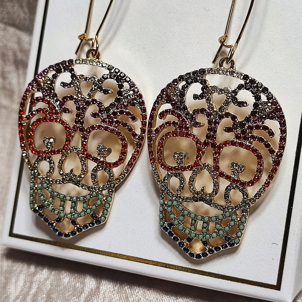 Bella Jack Sugar Skull Vibrant Multi Rhinestone Earrings NIB Day of the Dead NEW - Picture 4 of 10